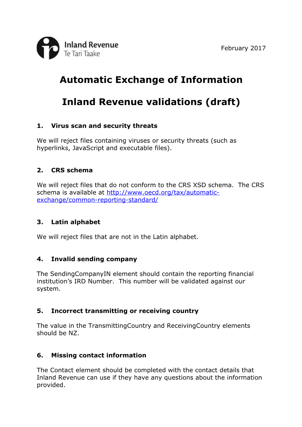 Automatic Exchange of Information - Inland Revenue Validations (Draft) (February 2017)