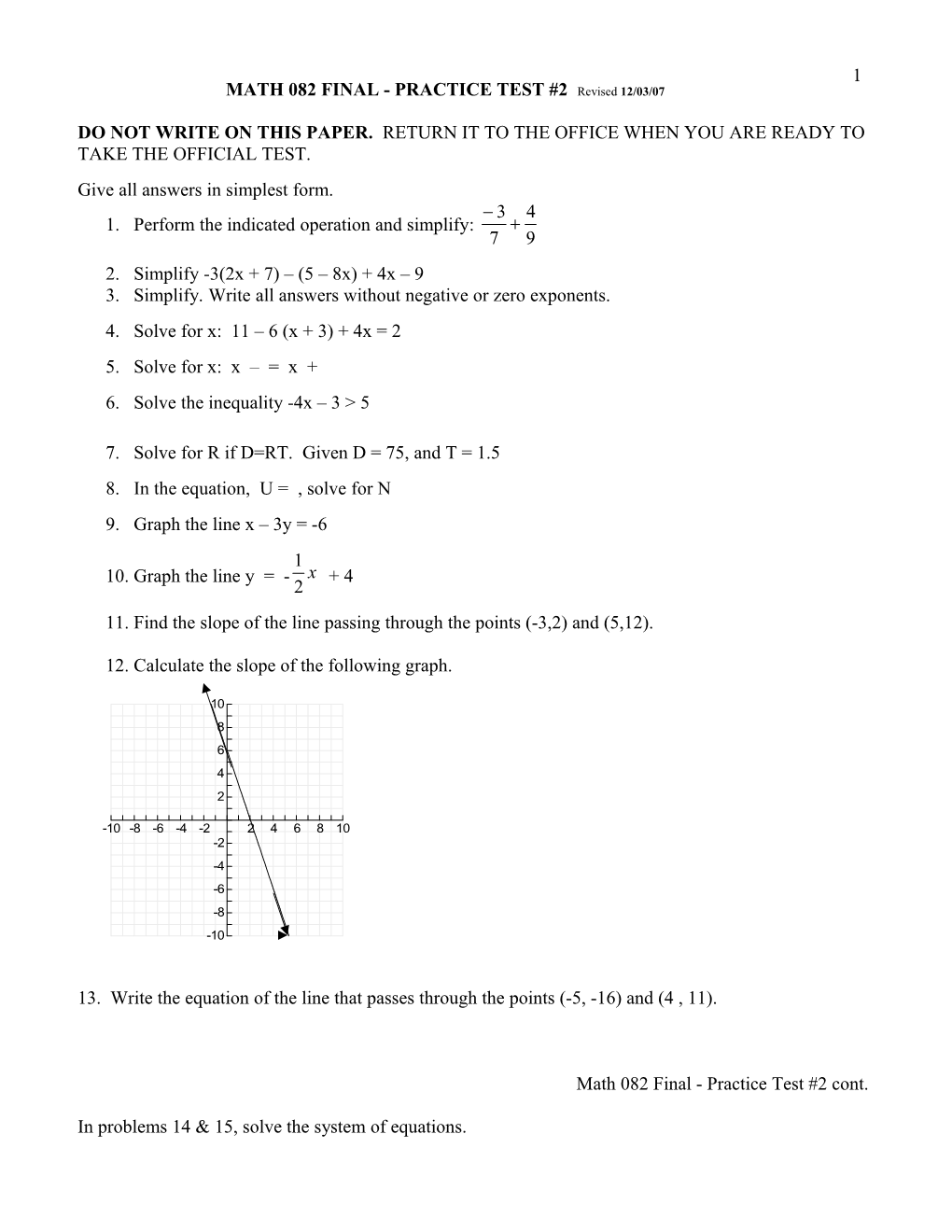 Math 082 Final - Practice Test #2 3/07