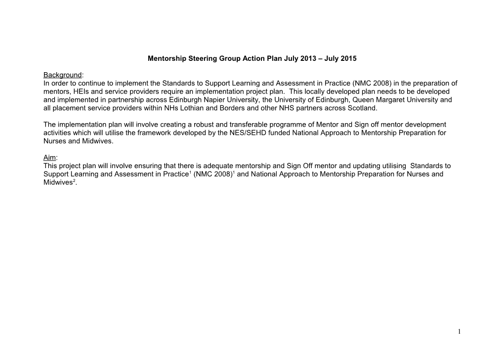 Mentorship Steering Group Action Plan July 2013 - July 2015