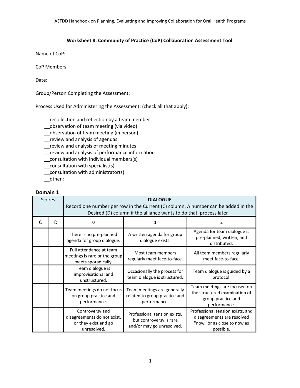Worksheet 8. Community of Practice (Cop) Collaboration Assessment Tool