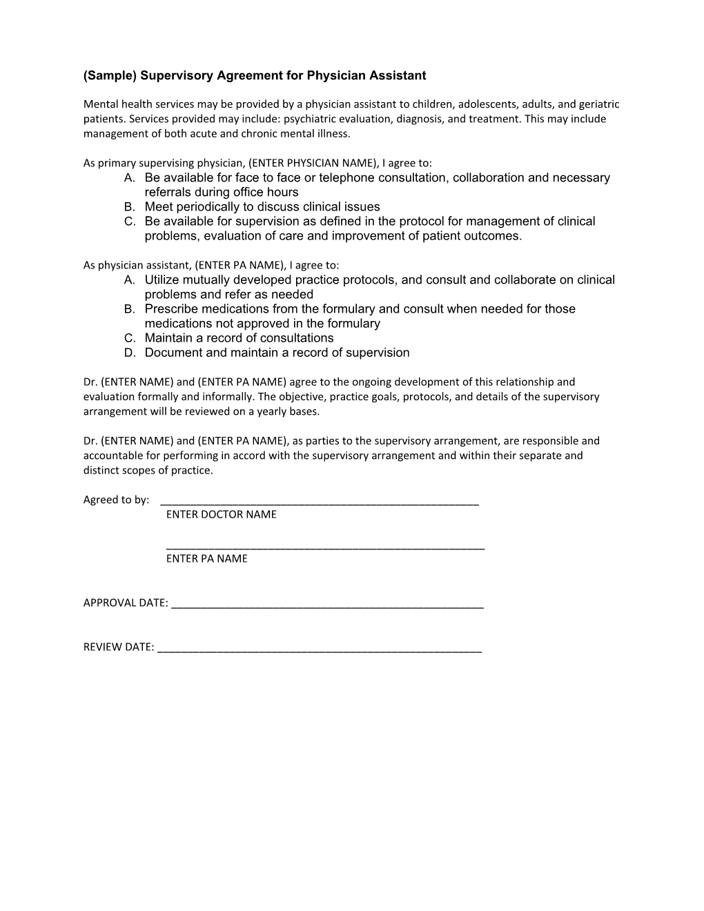 (Sample) Supervisory Agreement for Physician Assistant