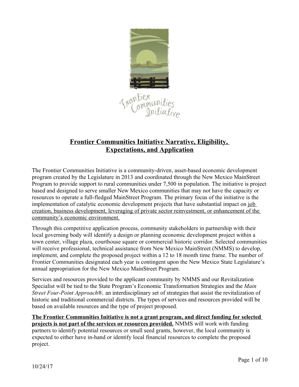 Frontier Communities Initiative Narrative, Eligibility