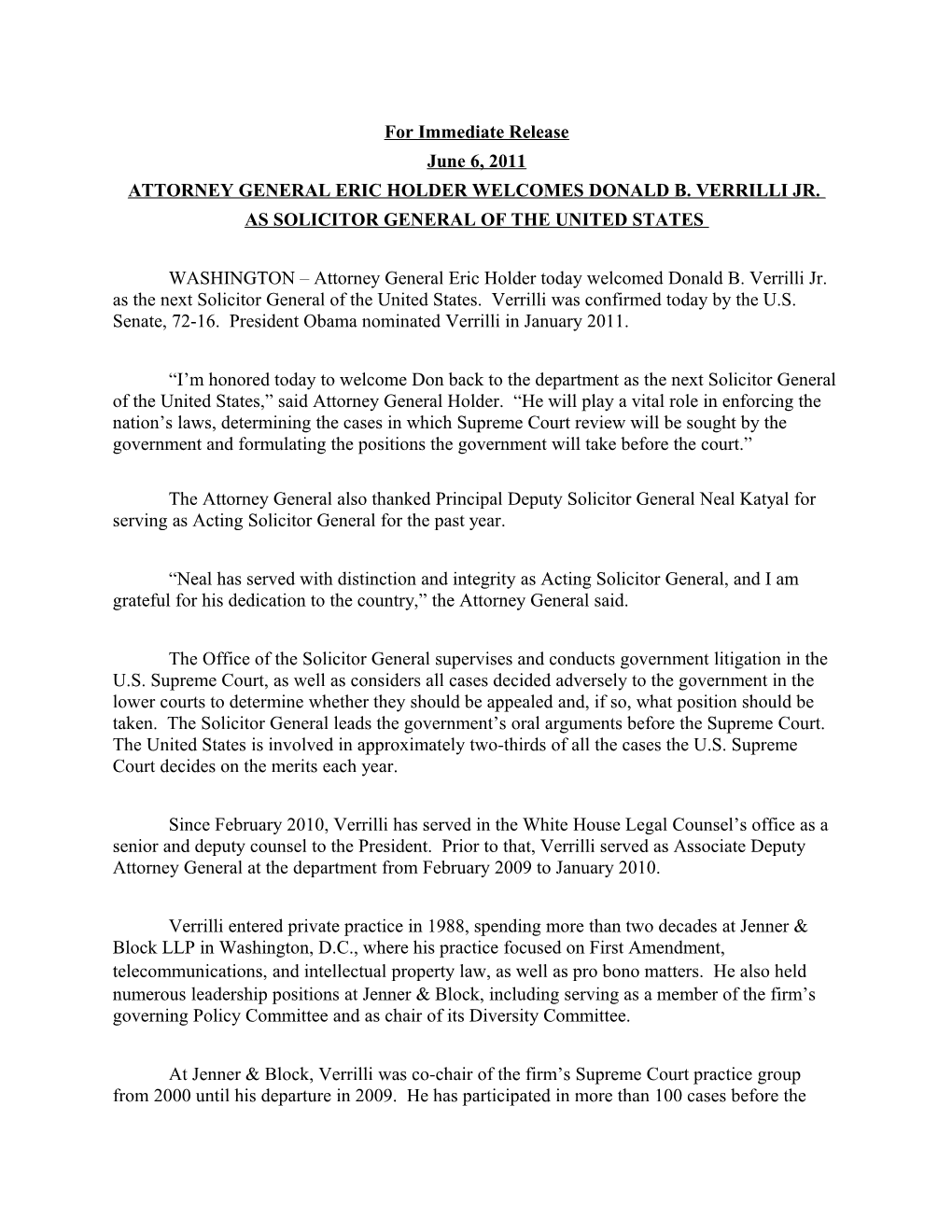 Attorney General Eric Holder Welcomes Donald B. Verrilli Jr