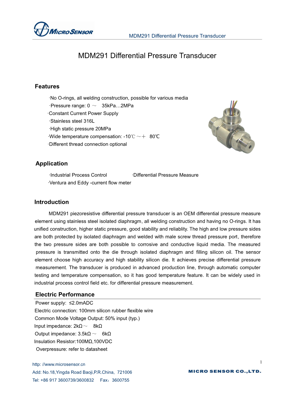 MDM291 Differential Pressure Transducer
