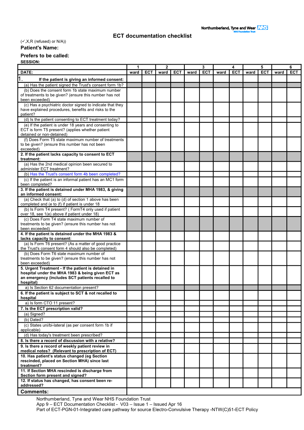 ECT Documentation Checklist