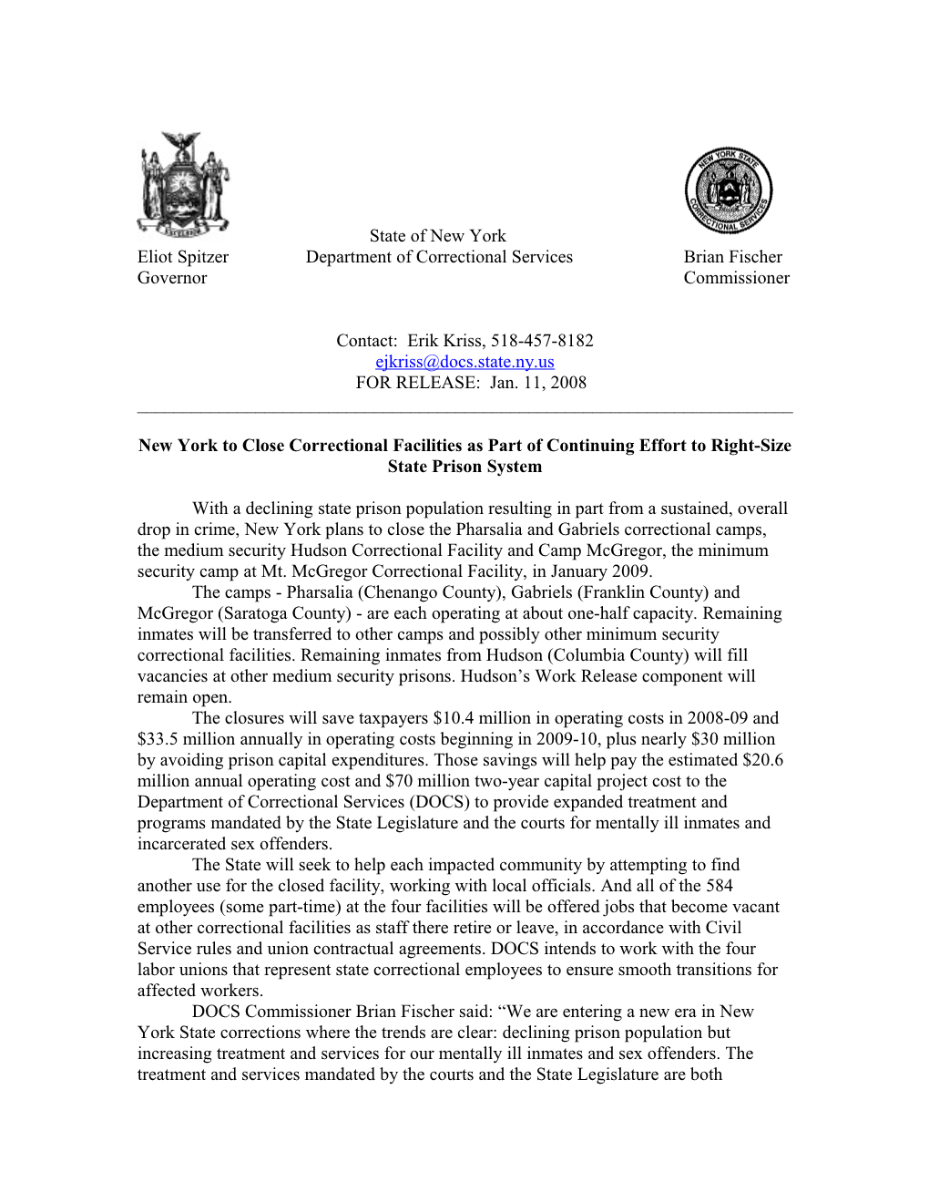 New York to Close Correctional Facilities As Part of Continuing Effort to Right-Sizestate