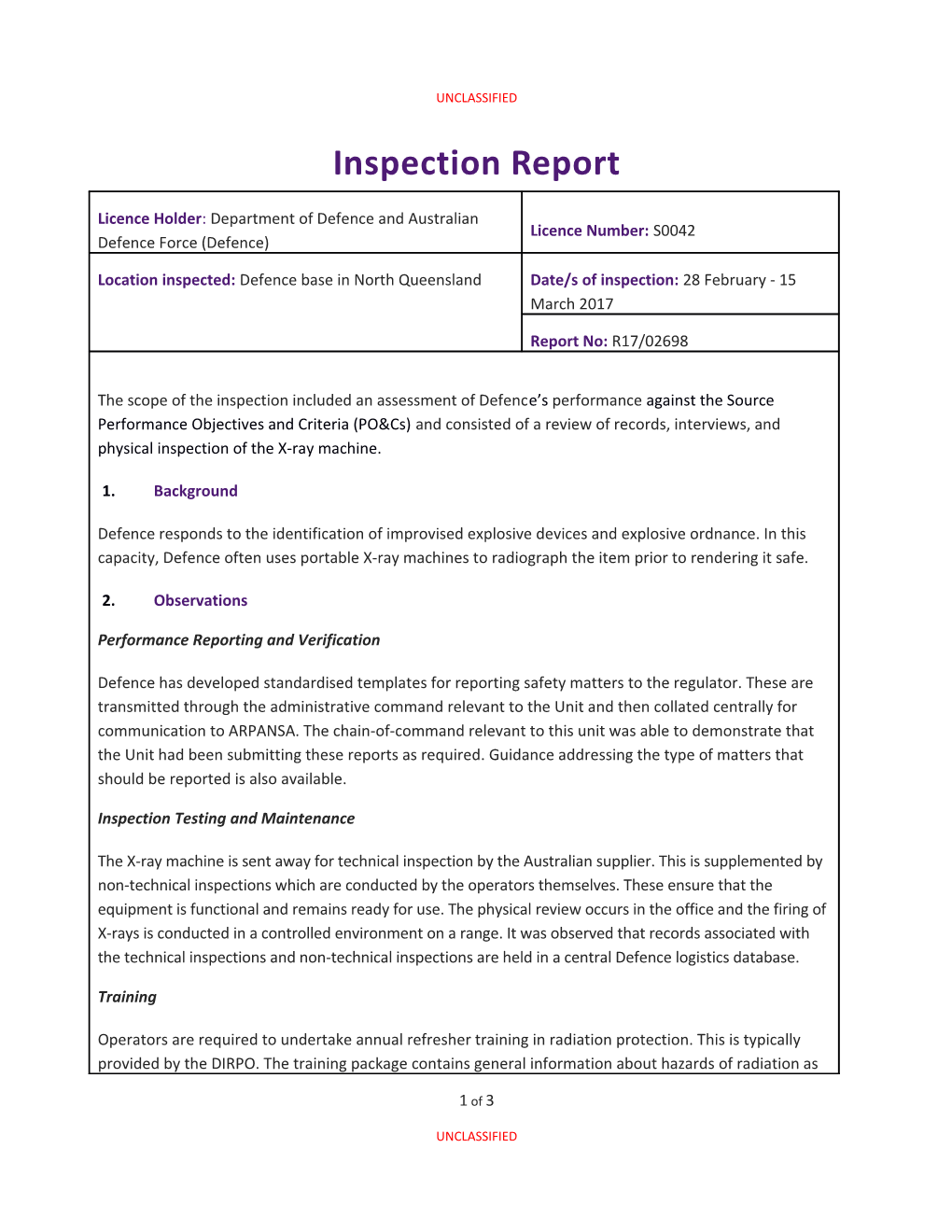 Inspection Report: Department of Defence and Australian Defence Force - Defence Base In