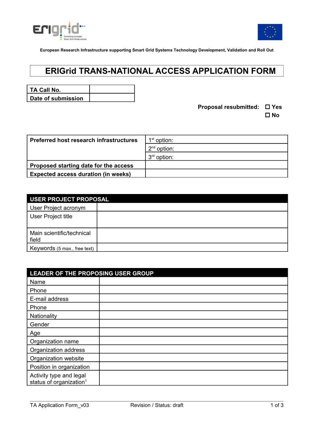 Erigrid Trans-National Access Application Form