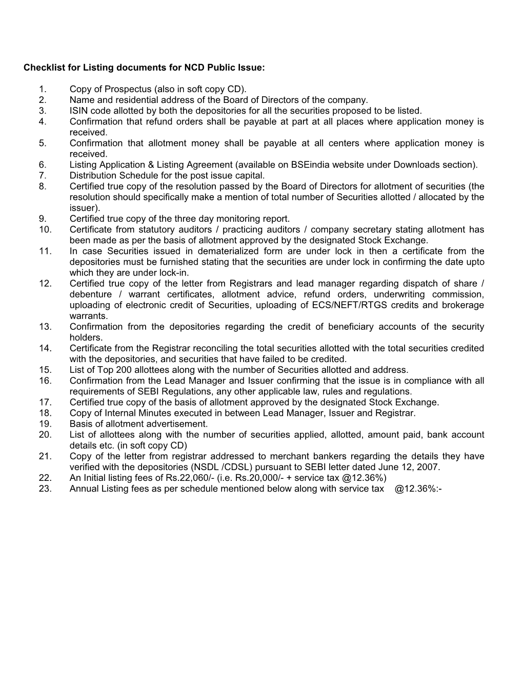 Checklist for Listing Documents for NCD Thru Public Issue