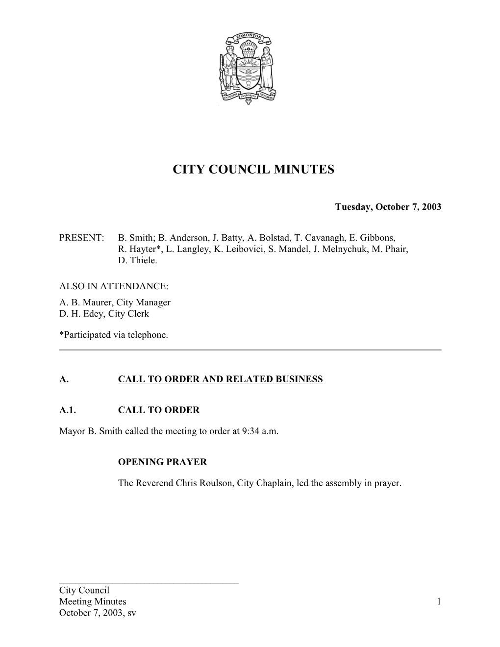 Minutes for City Council October 7, 2003 Meeting