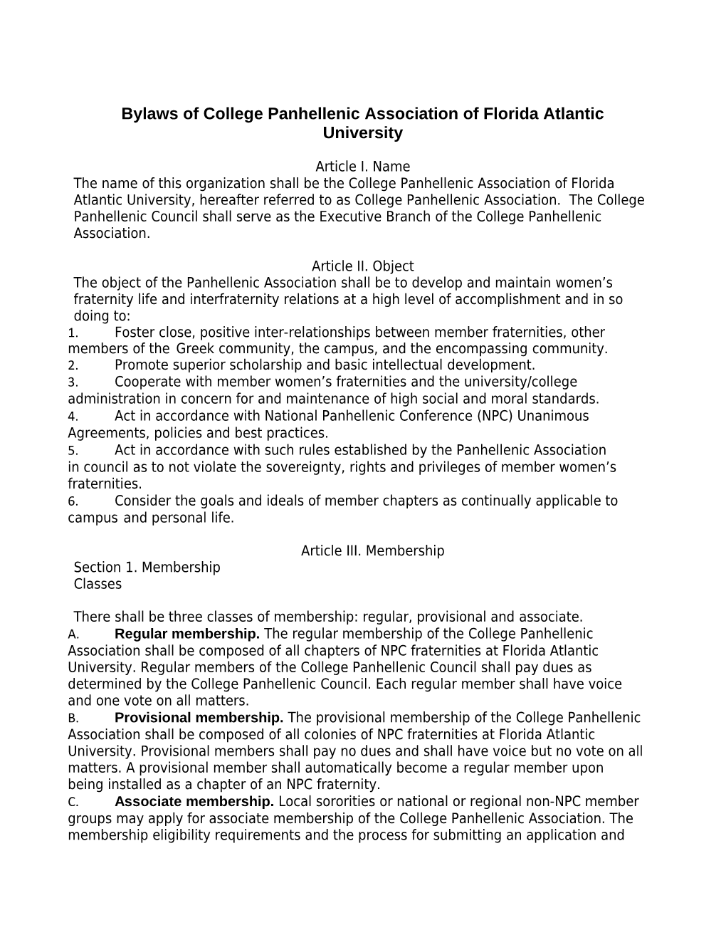 Bylaws of College Panhellenic Association of Florida Atlanticuniversity