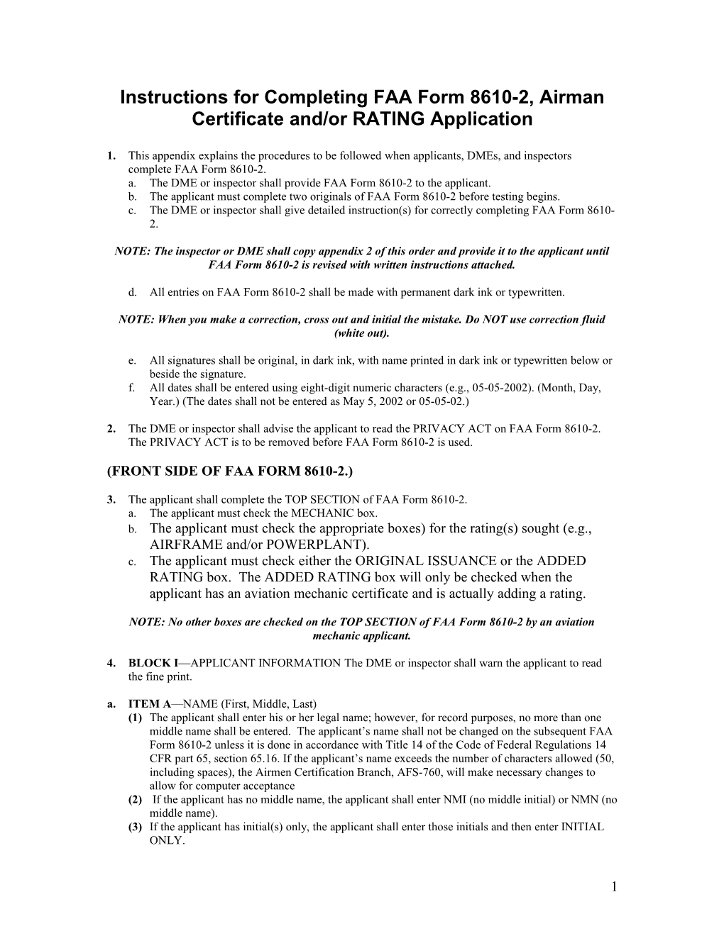 Instructions for Completing FAA Form 8610-2, Airman Certificate And/Or RATING Application