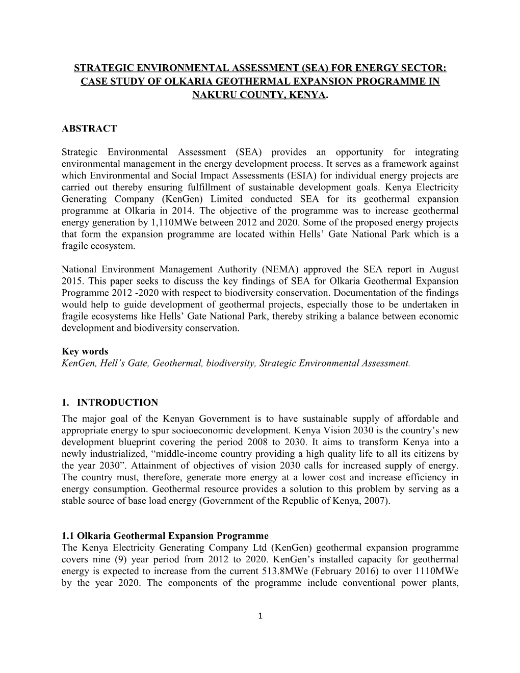 Strategic Environmental Assessment (Sea) for Energy Sector: Case Study of Olkaria Geothermal