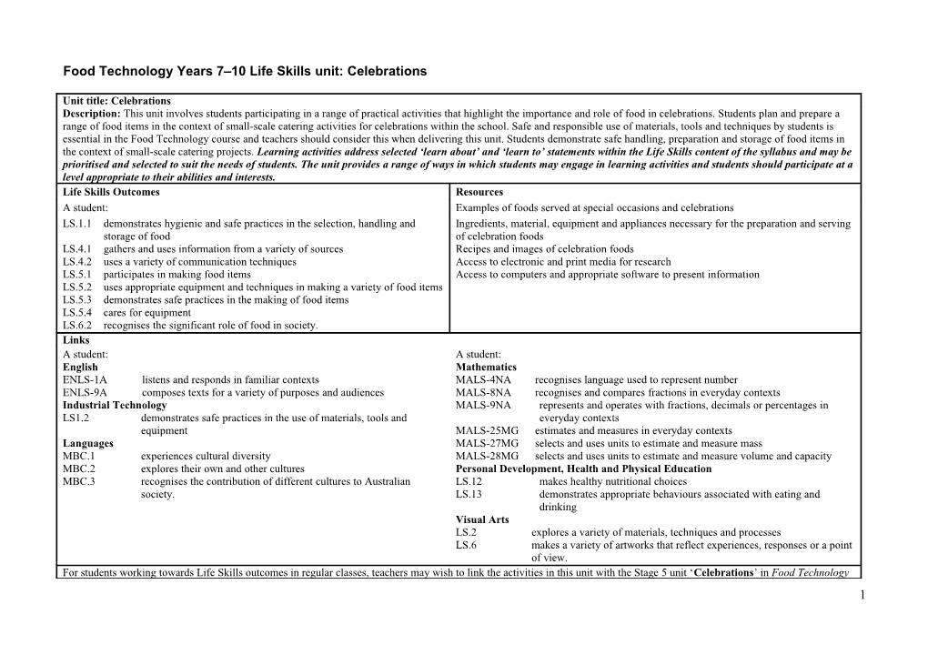 Food Technology Years 7 10 Life Skills Unit: Celebrations
