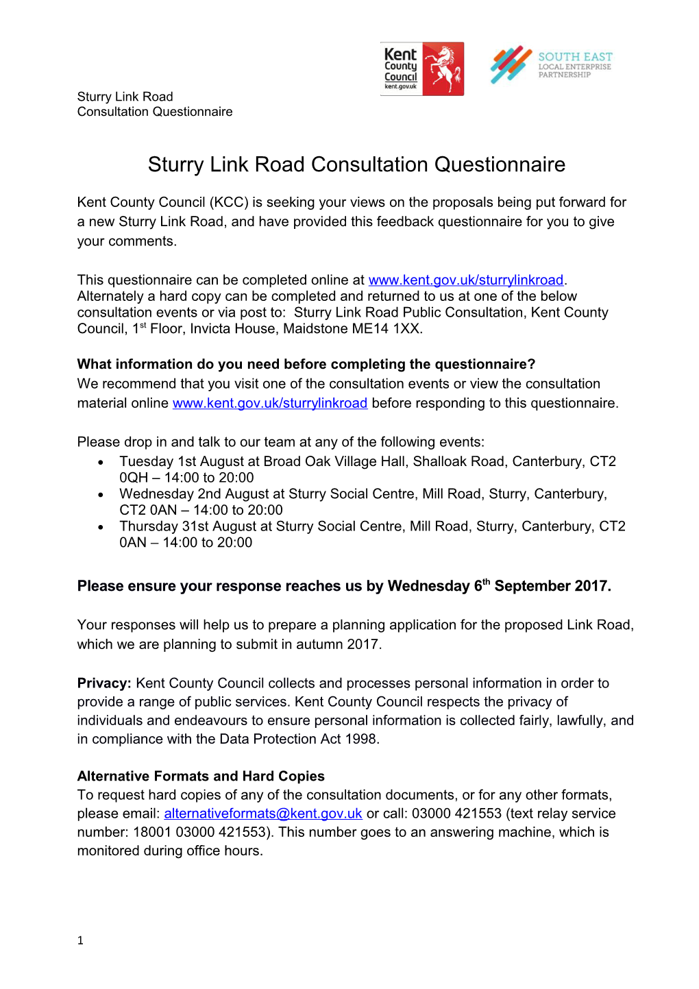 Sturry Link Road Consultation Questionnaire