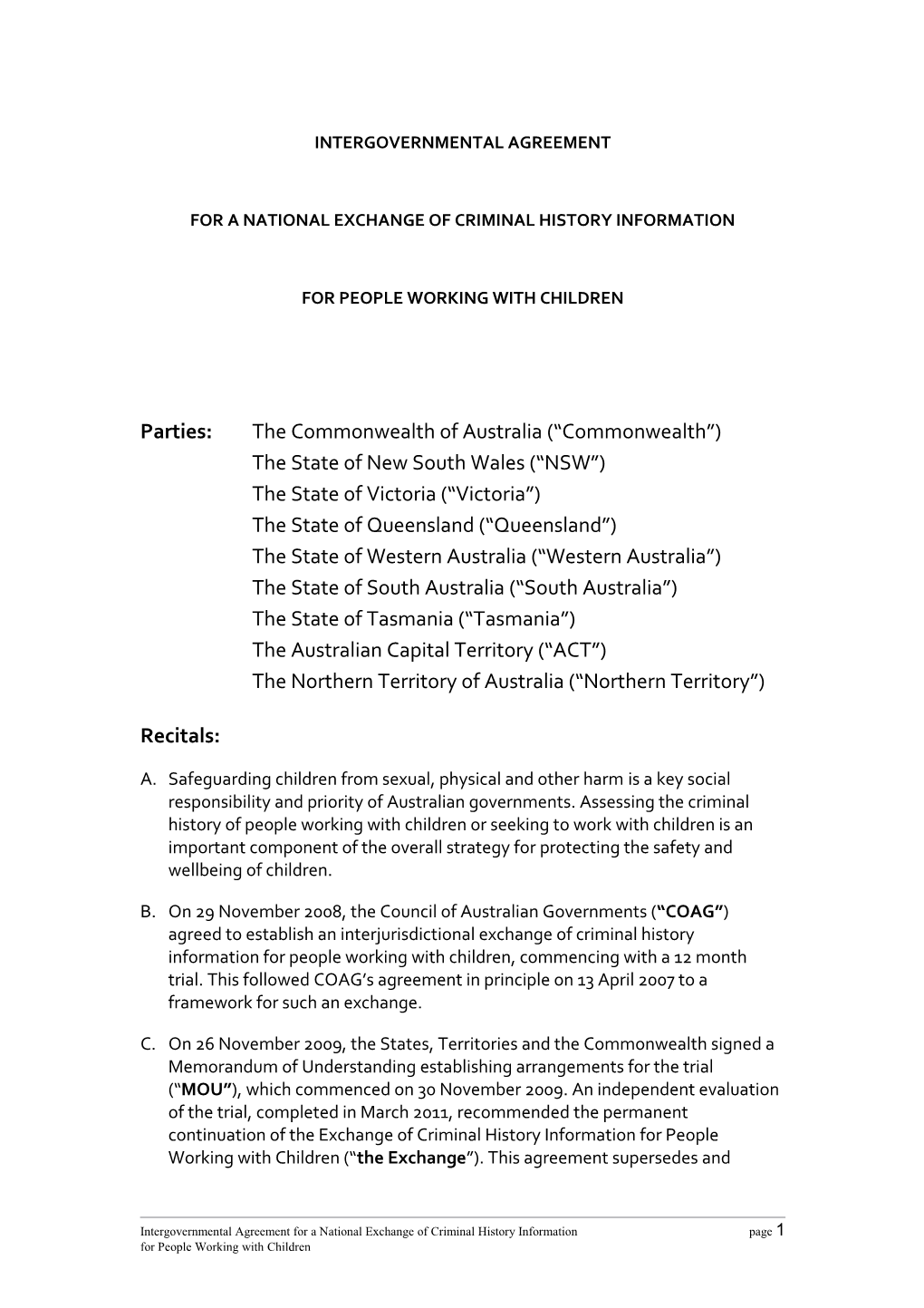 Intergovernmental Agreement for a National Exchange of Criminal History Information