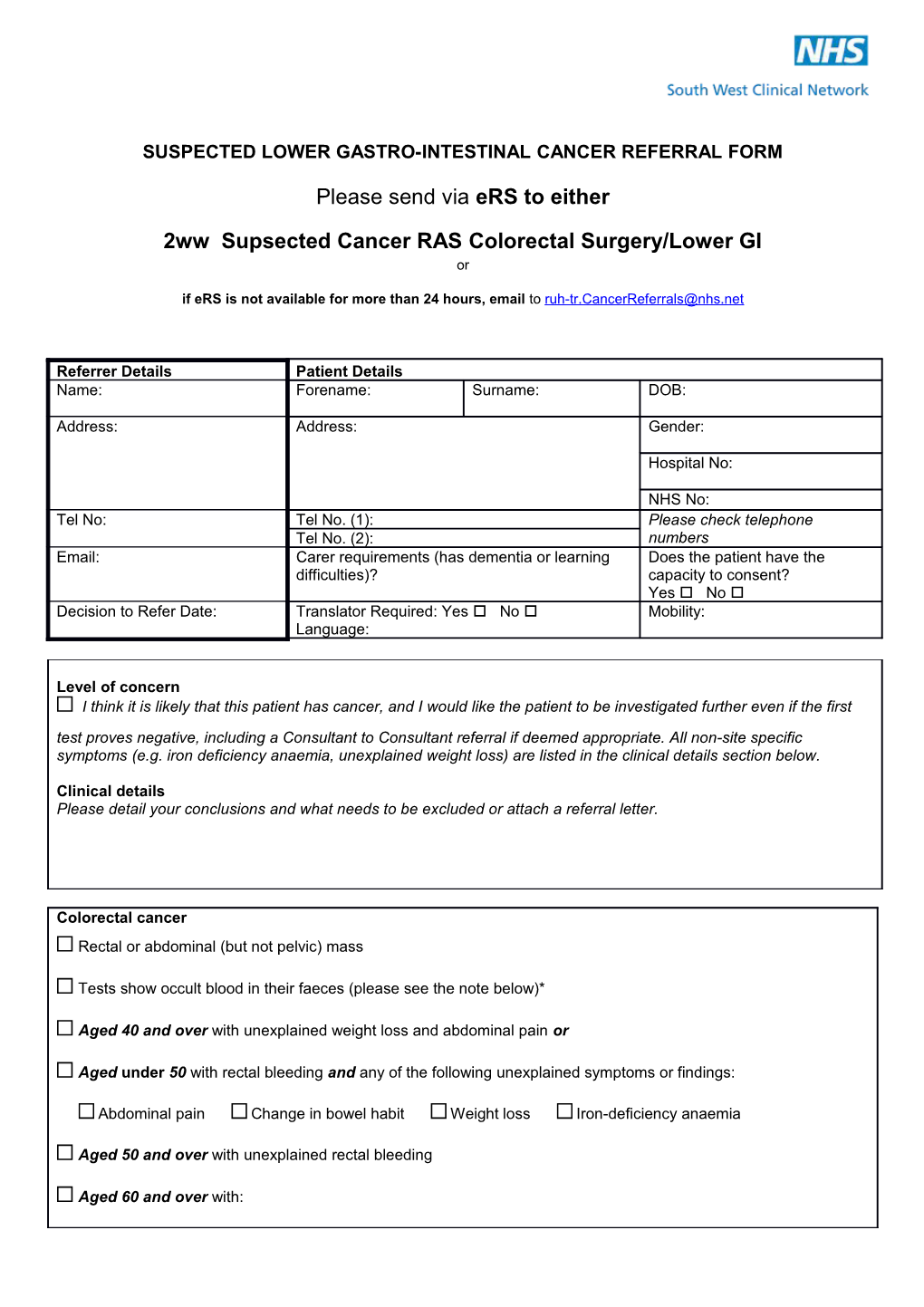 Suspected Lower Gastro-Intestinal Cancer Referral Form