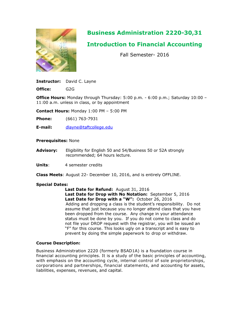 Business Administration 2220 Introduction to Financial Accounting