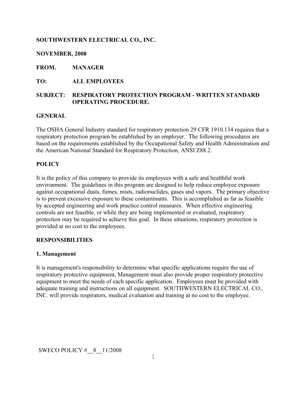 Subject:Respiratory Protection Program - Written Standard Operating Procedure