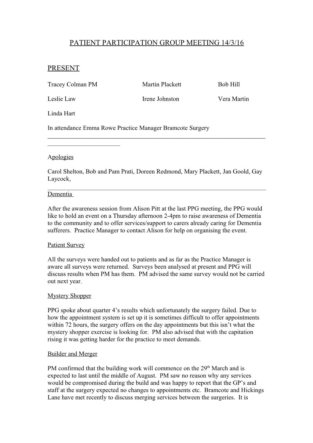 Patient Participation Group Meeting 14/3/16