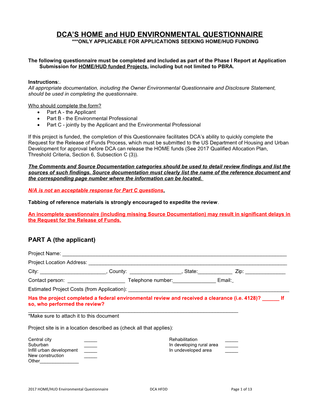 HOME and HUD ENVIRONMENTAL QUESTIONNAIRE