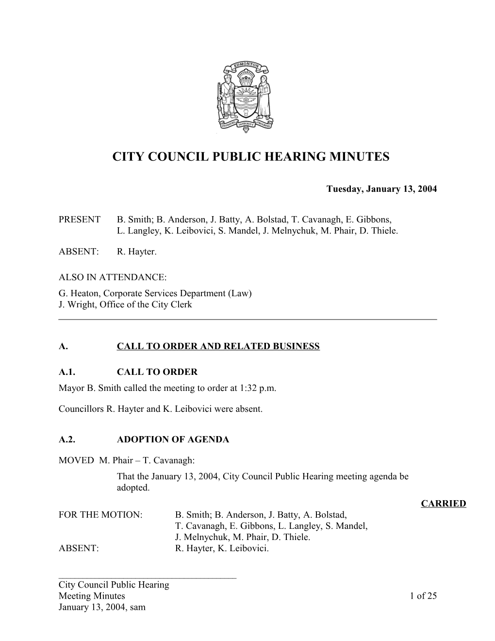 Minutes for City Council January 13, 2004 Meeting