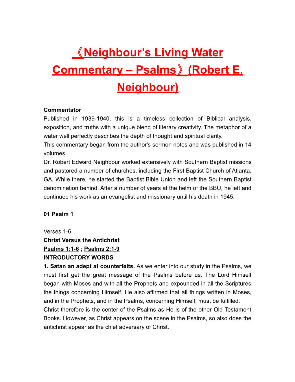 Neighbour S Living Water Commentary Psalms (Robert E. Neighbour)