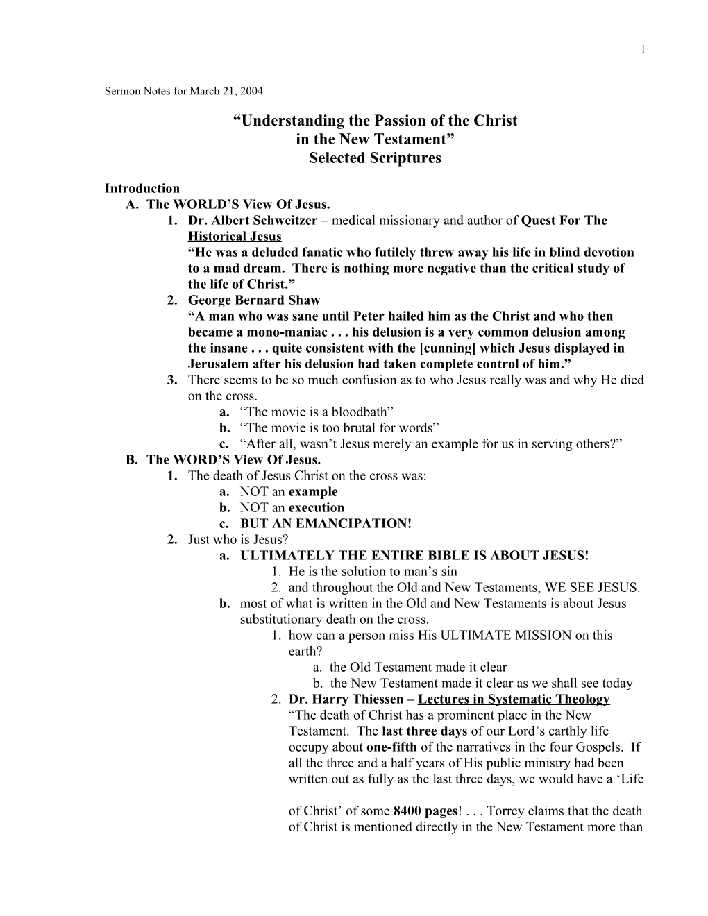 Sermon Notes for March 21, 2004