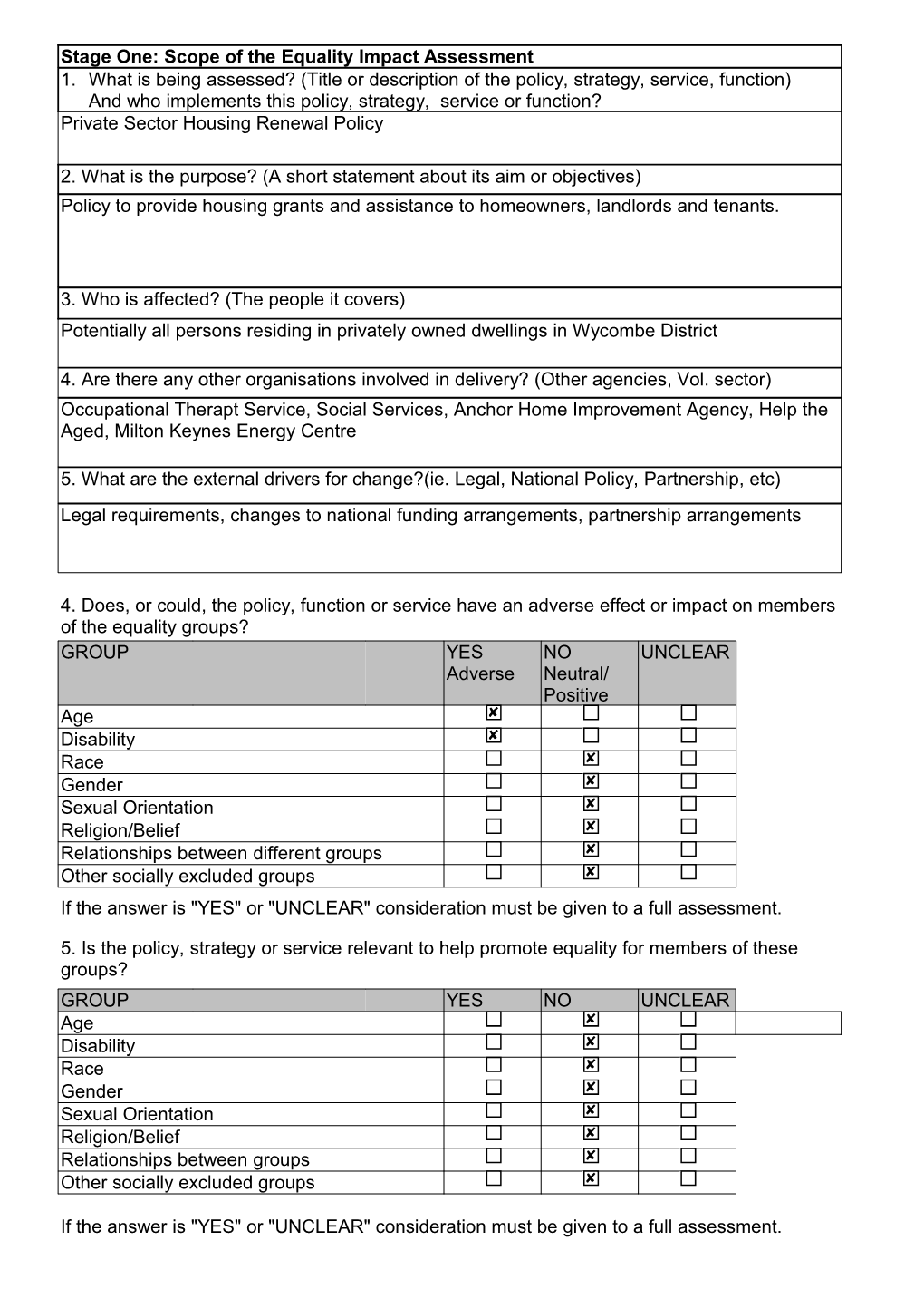 Part 1 of the Equality Impact Assessment