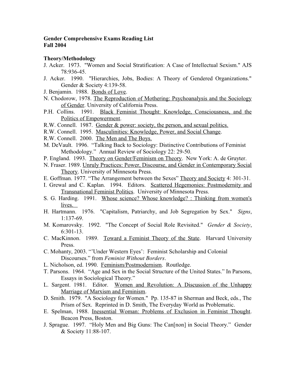 Gender Comprehensive Exams Reading List