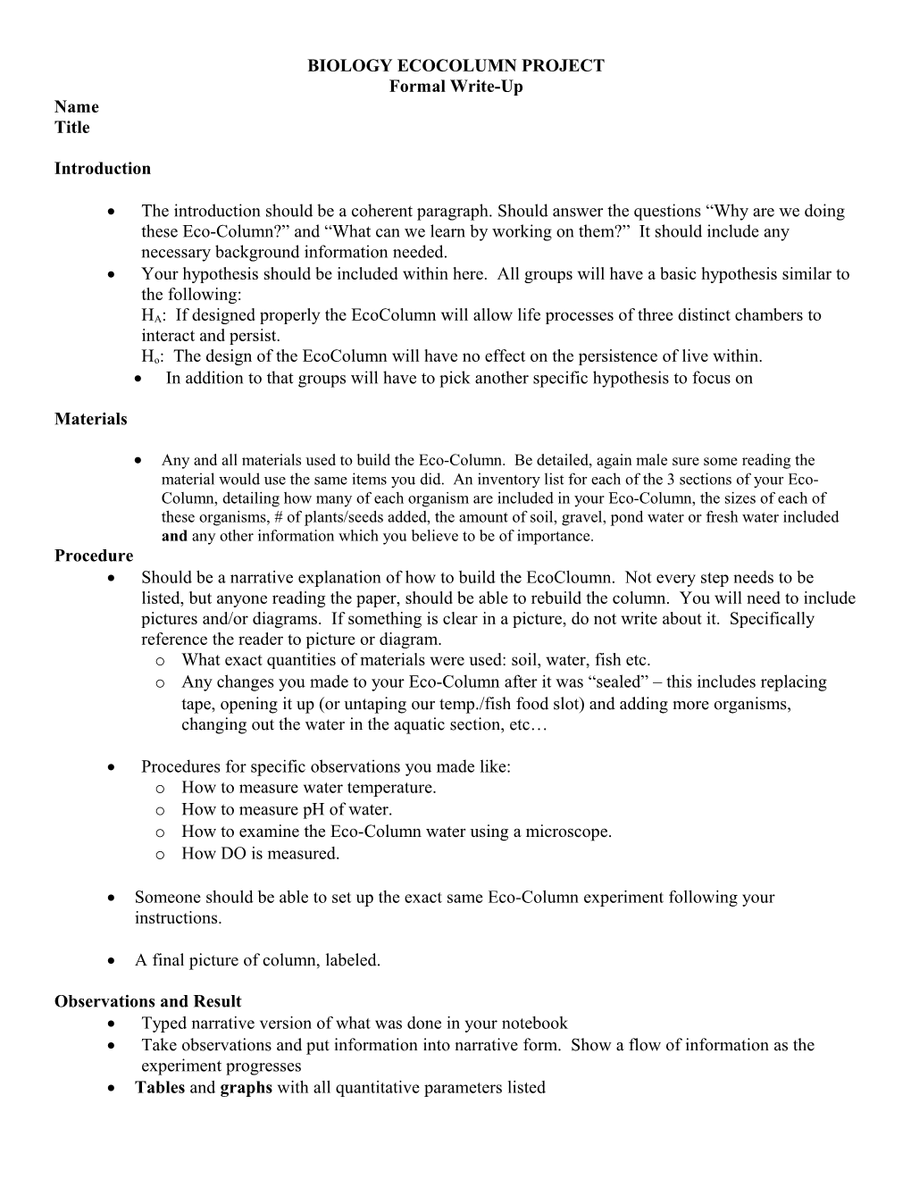 BIOLOGY Ecocolumn Project