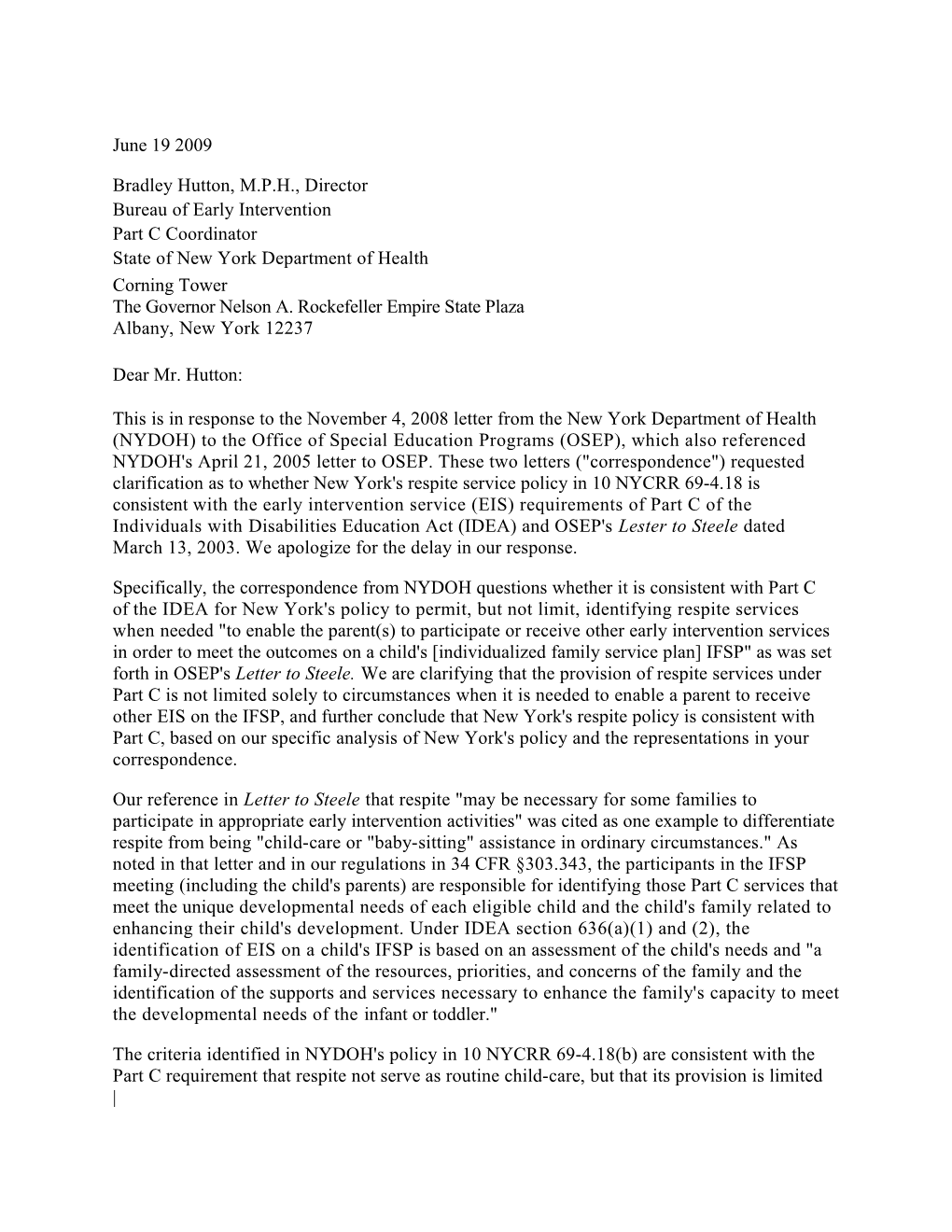Hutton Letter Dated 06/19/09 Re: Early Intervention Services (MS Word)