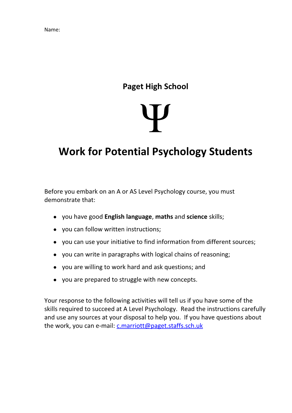 Work for Potential Psychology Students