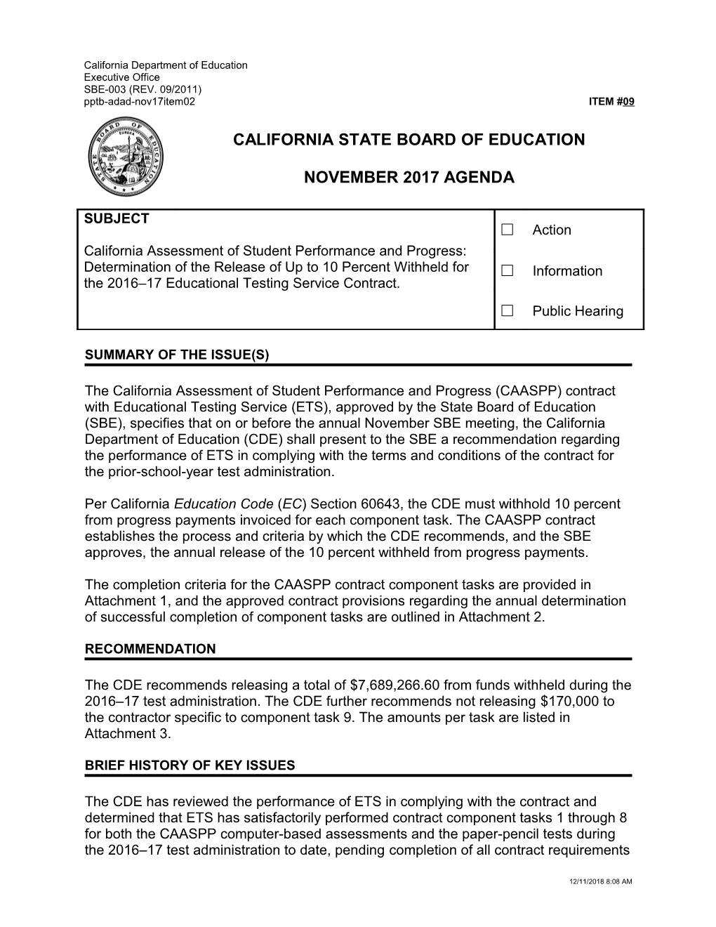 November 2017 Agenda Item 09 - Meeting Agendas (CA State Board of Education)