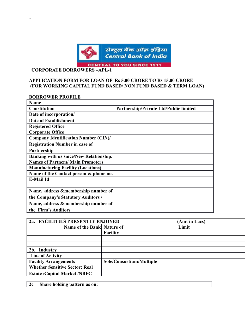 APPLICATION FORM for LOAN of Rs 5.00 CRORE to Rs 15.00 CRORE