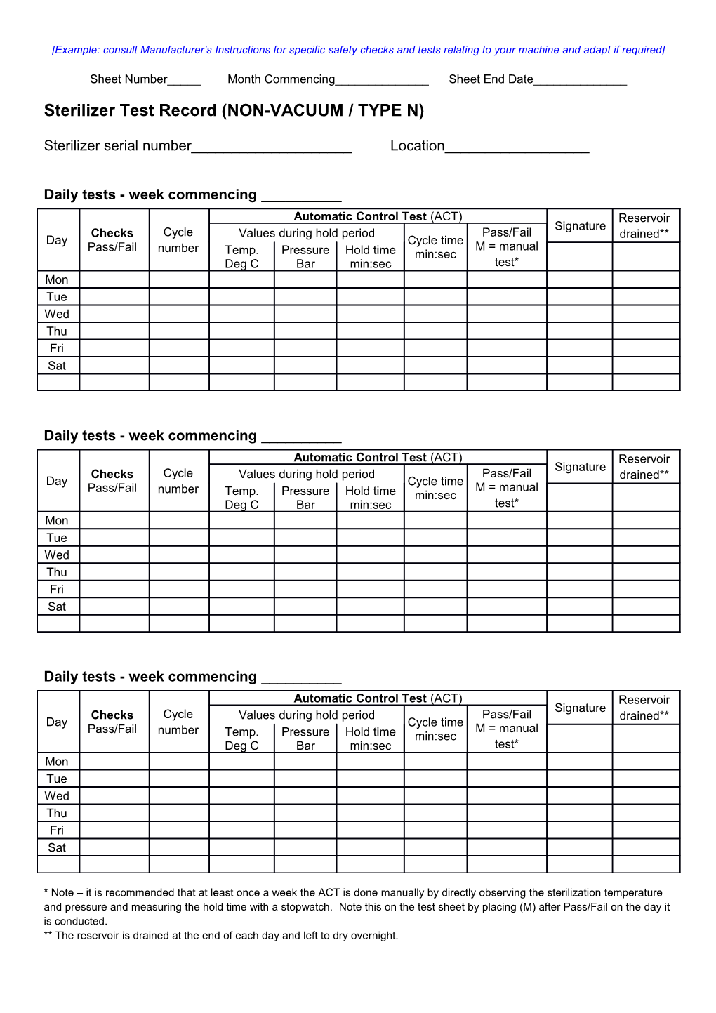 Autoclave History Record Sheet (Type N)