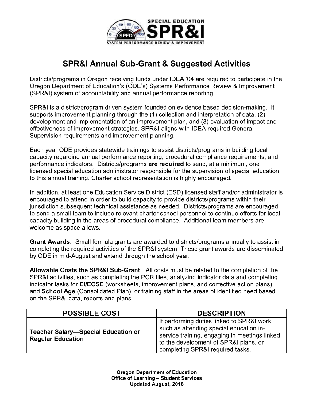 SPR&I Annual Sub-Grant & Suggested Activities