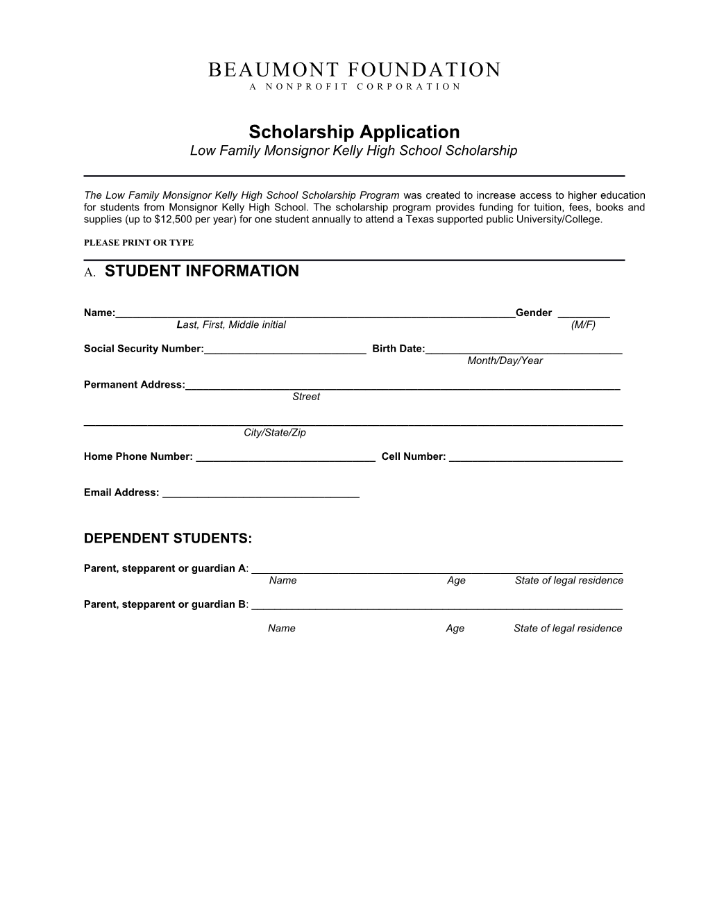 Low Family Monsignor Kelly High School Scholarship