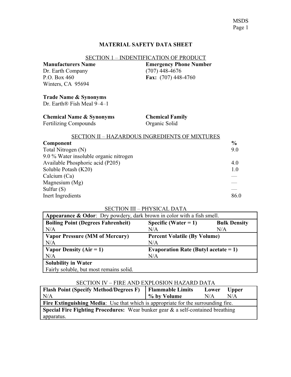 Fish Meal MSDS Info-Sheet