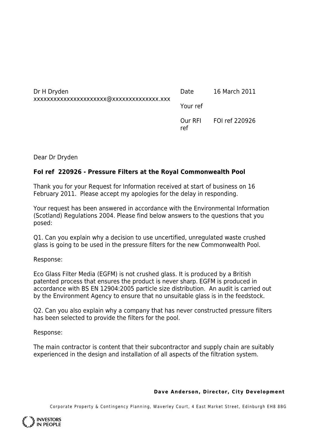 Foi Ref 220926 - Pressure Filters at the Royal Commonwealth Pool