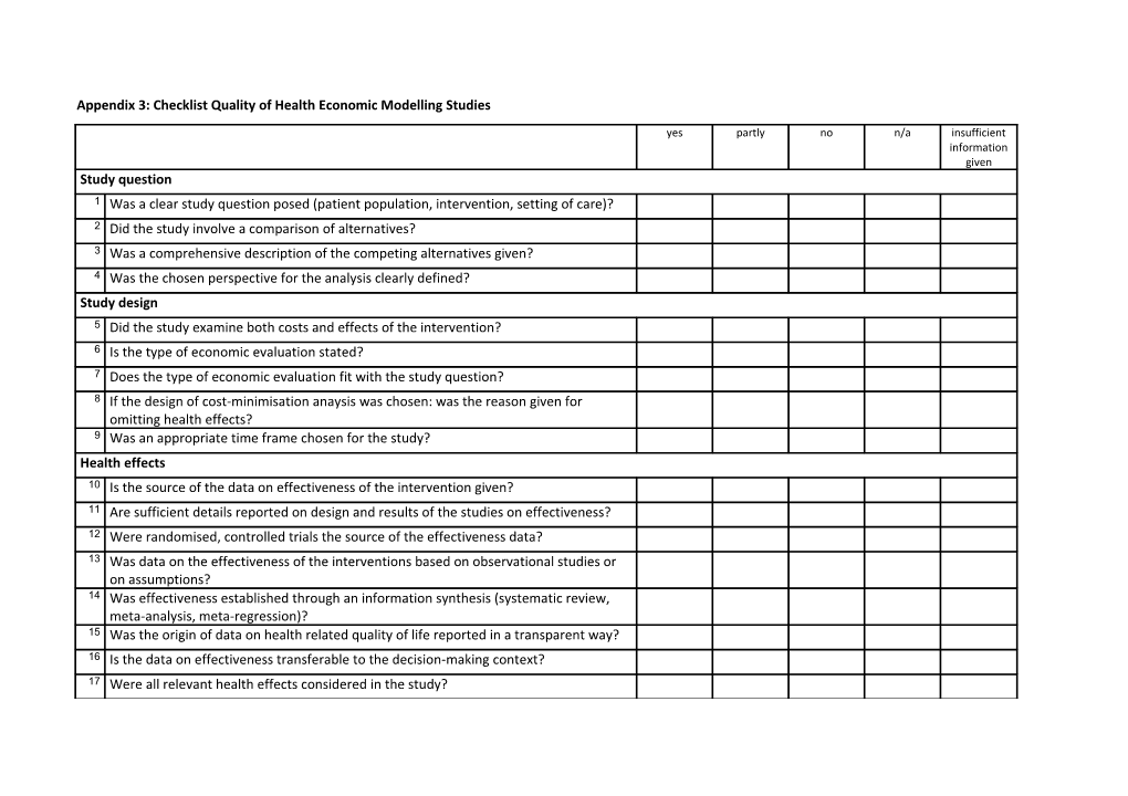 Appendix 3: Checklist Quality of Health Economic Modelling Studies