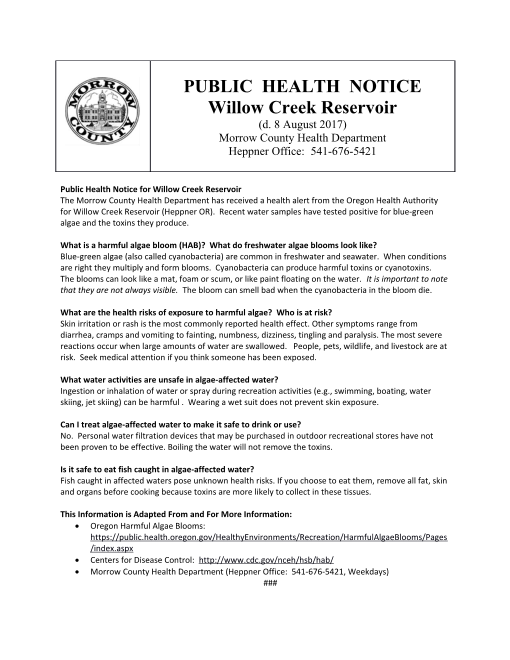 Public Health Notice for Willow Creek Reservoir