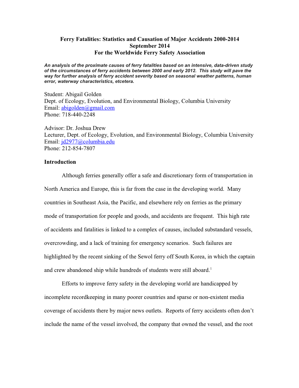 Ferry Fatalities: Statistics and Causation of Major Accidents 2000-2014