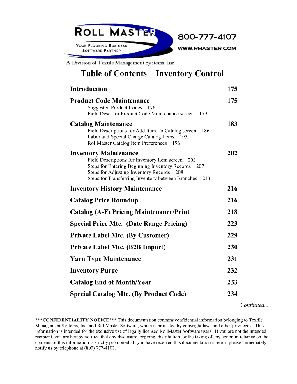 Table of Contents Inventory Control
