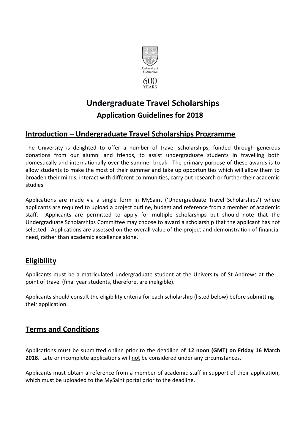 Introduction Undergraduate Travel Scholarships Programme