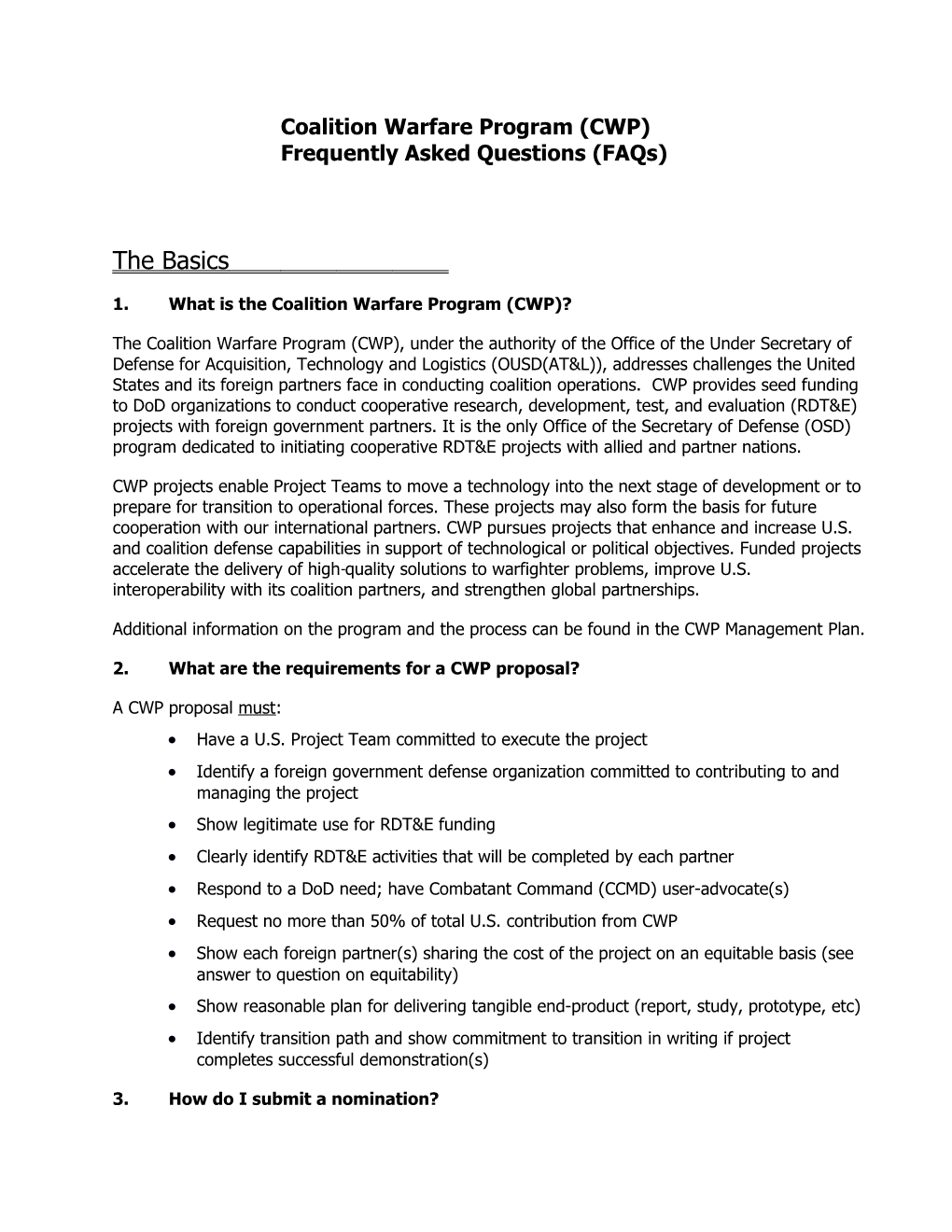 Coalition Warfare Program (CWP) Frequently Asked Questions (Faqs)