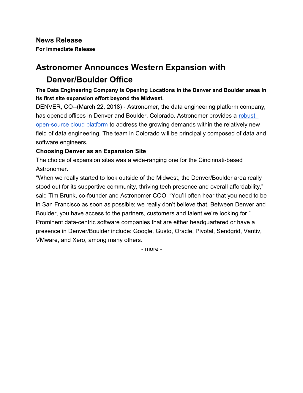 Astronomer Announces Western Expansion with Denver/Boulder Office
