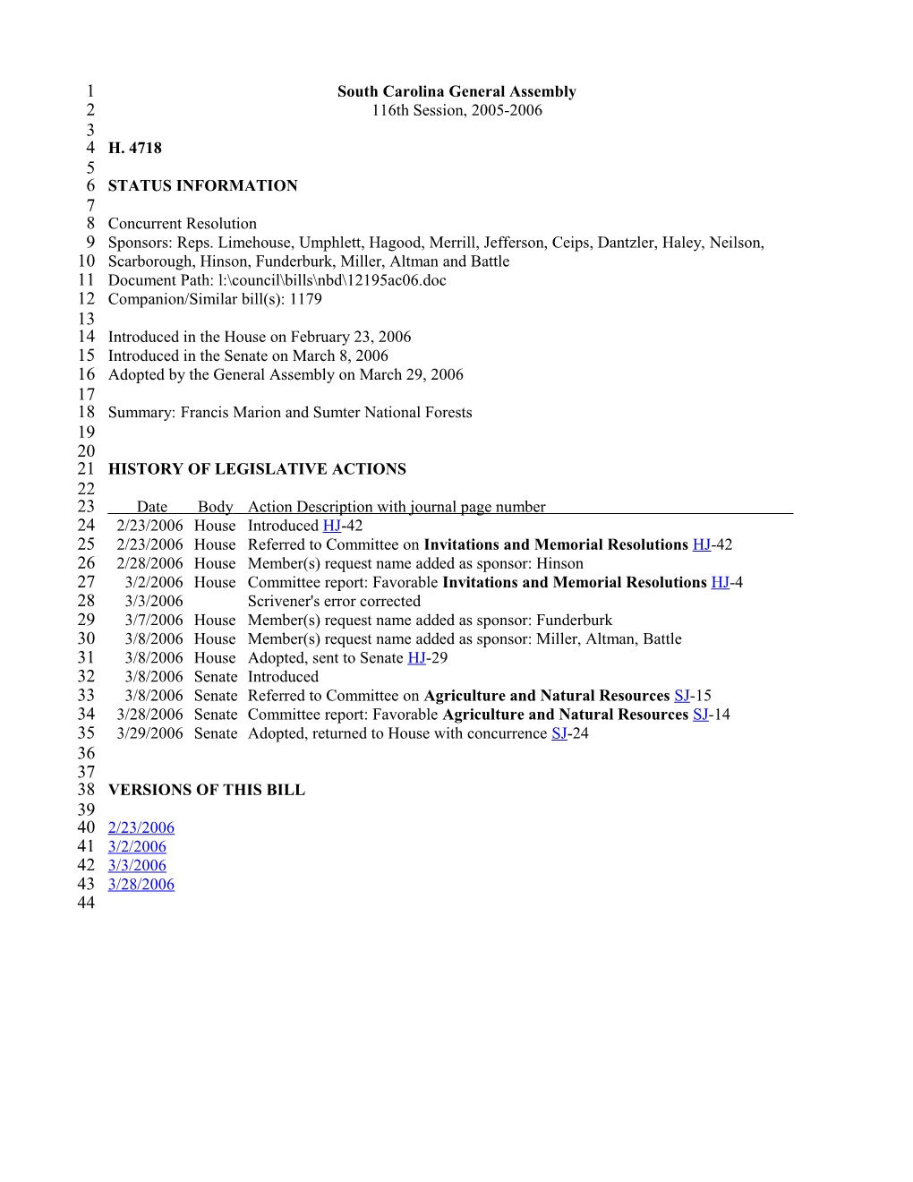 2005-2006 Bill 4718: Francis Marion and Sumter National Forests - South Carolina Legislature