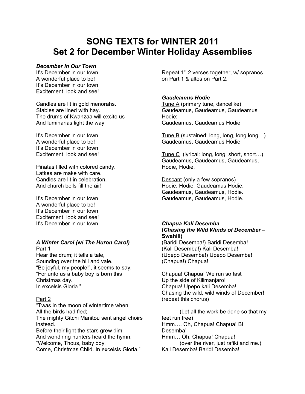 SONG TEXTS for WINTER 2011