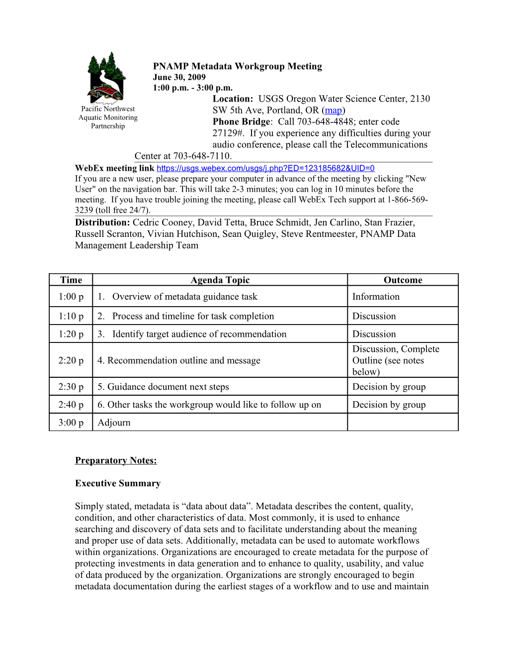 PNAMP Metadata Workgroup Meeting